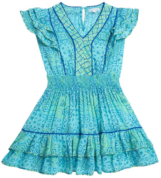 A Poupette St Barth Girls' Camila Mini Dress in light teal with blue and green geometric patterns, featuring butterfly sleeves, a V-neckline, and a flounced hem.