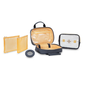 The Stephanie Johnson Denim Travel Collection includes a transparent pouch, two mesh pouches, an open compartment case, and a circular container—perfect as makeup bags or cosmetic organizers for travel.