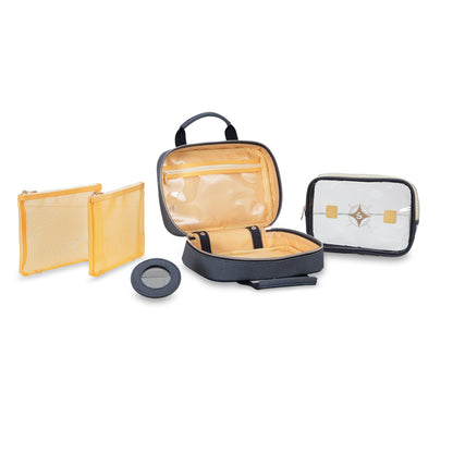 The Stephanie Johnson Denim Travel Collection includes a transparent pouch, two mesh pouches, an open compartment case, and a circular container—perfect as makeup bags or cosmetic organizers for travel.