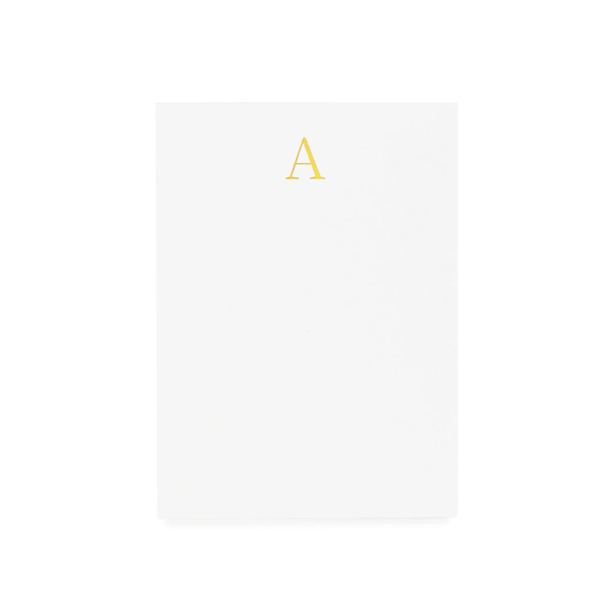 Small white Sugar Paper Gold Initial Mini Notepad featuring a gold letter “A” at the top.