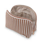 Introducing the Stephanie Johnson Marbella Mocha Travel Collection: a beige and white woven cosmetic pouch featuring a zipper closure, inner compartments for easy organization, and the signature “Stephanie Johnson” label inside—perfect as a chic travel case or makeup bag for all your essentials.