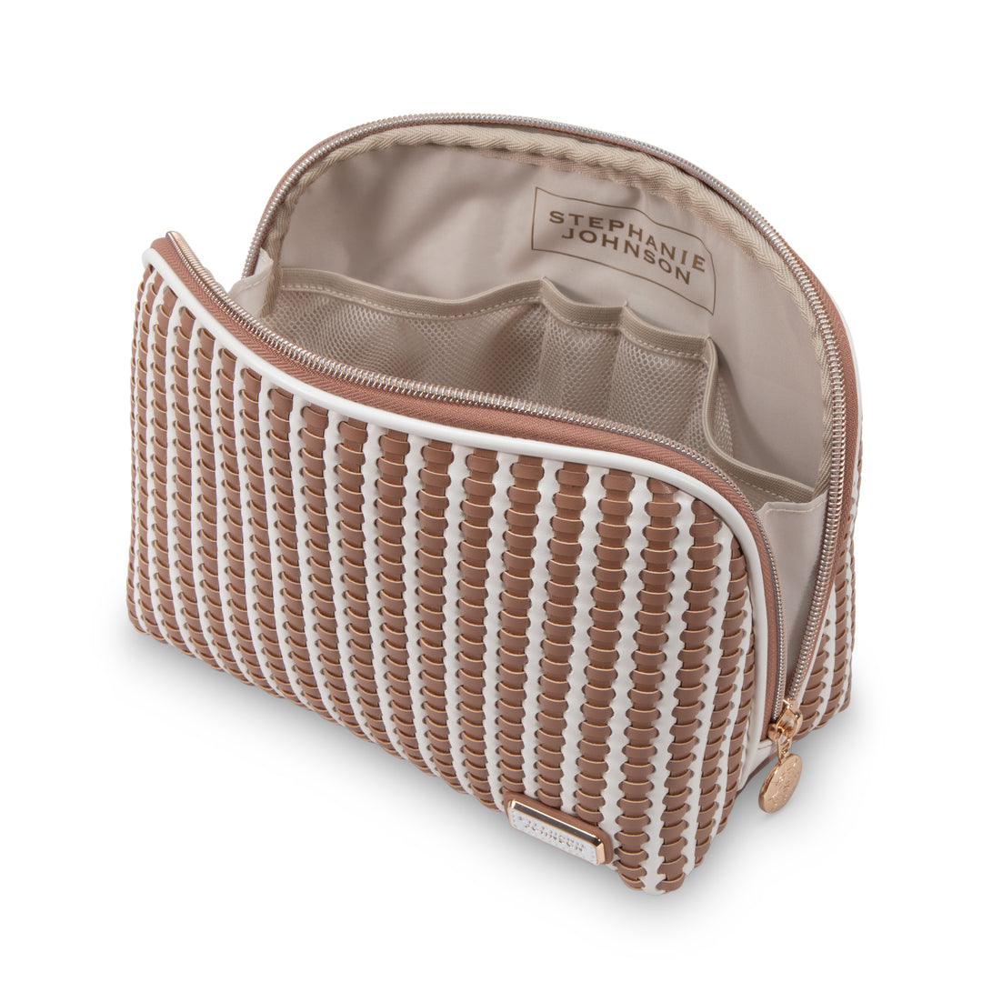 Introducing the Stephanie Johnson Marbella Mocha Travel Collection: a beige and white woven cosmetic pouch featuring a zipper closure, inner compartments for easy organization, and the signature “Stephanie Johnson” label inside—perfect as a chic travel case or makeup bag for all your essentials.
