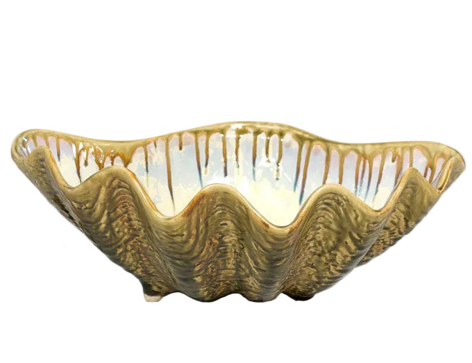 The AE Ceramics Medium Clam Bowl Collection features ceramic serving bowls with wavy scalloped edges and a glossy, iridescent glaze, resembling a sea clam.