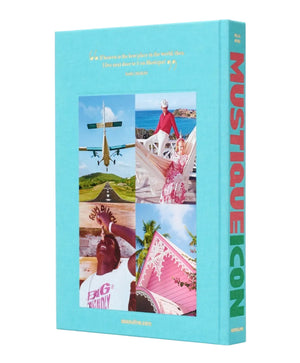 The Assouline "Mustique Icon" is a hardcover book with a turquoise cover featuring six vibrant photos and a quote on the front, celebrating Caribbean luxury and the private island's allure.