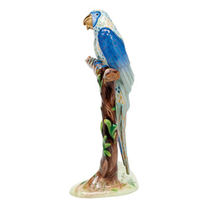 Limited edition Reserve Collection Pair of Macaws by Herend, showcasing two porcelain macaws on a branch with green leaves, beautifully detailed and displayed on a white background.