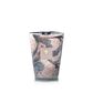 The Baobab Collection Leaves Manon Candle by Baobab features a hand-blown marbled pink, blue, and white glass design with blackcurrant, rose, and sandalwood notes, shown against a plain white background.