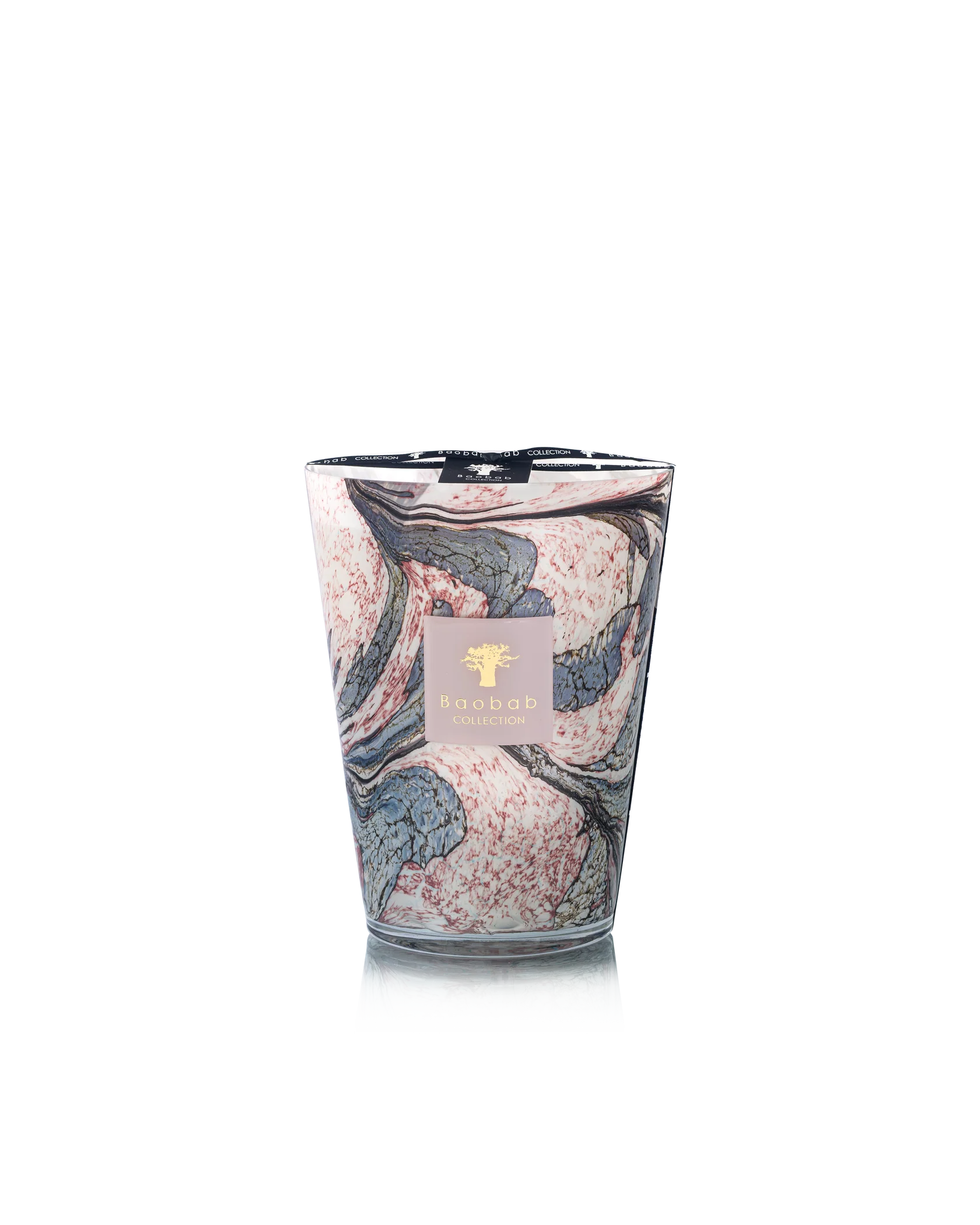 The Baobab Collection Leaves Manon Candle by Baobab features a hand-blown marbled pink, blue, and white glass design with blackcurrant, rose, and sandalwood notes, shown against a plain white background.