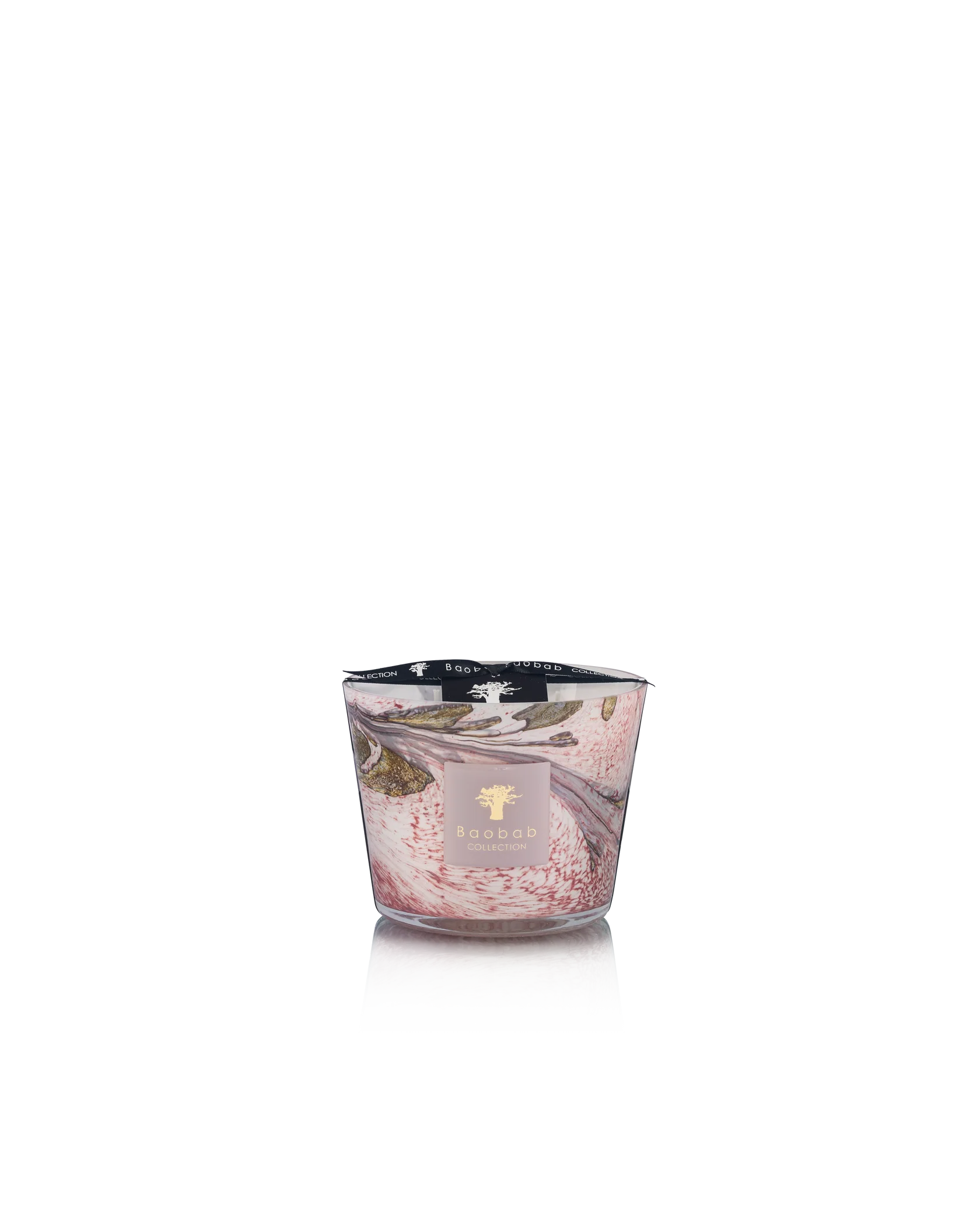 The Baobab Collection Leaves Manon Candle by Baobab features a pink and white marbled hand-blown glass design with a gold label, scented with blackcurrant, rose, and sandalwood notes, shown against a plain white background.
