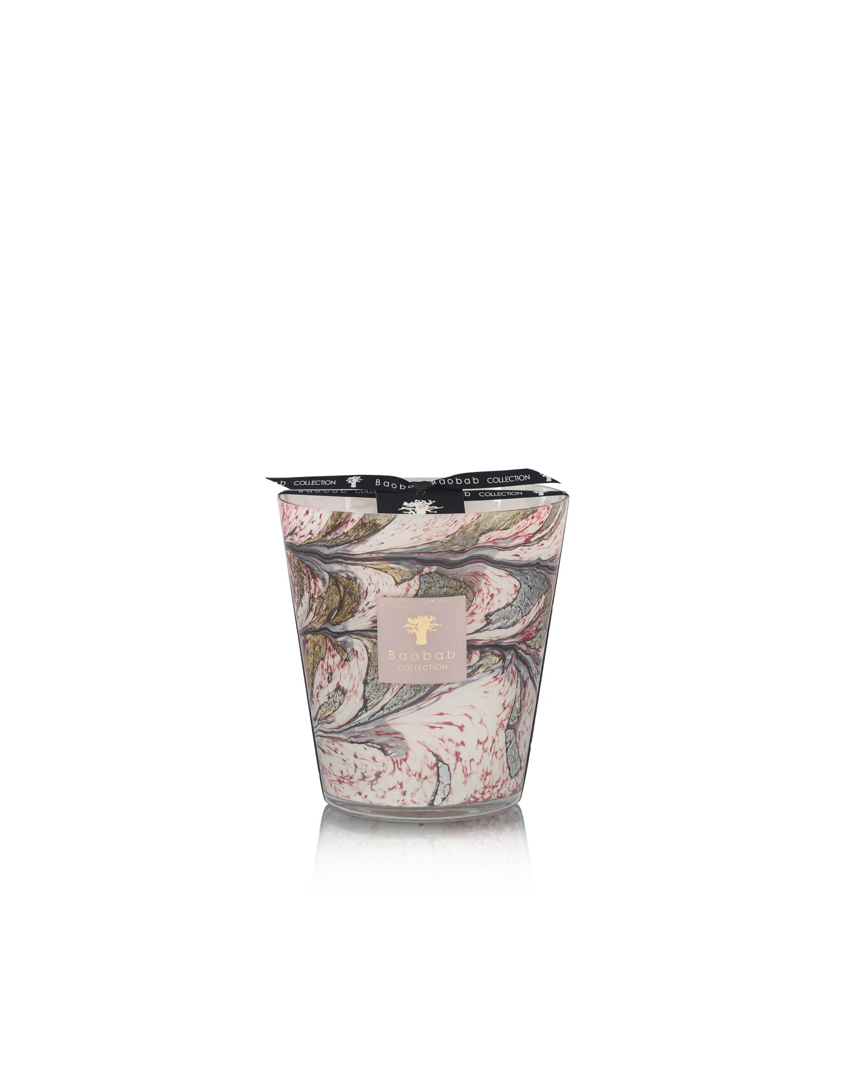The Baobab Collection Leaves Manon Candle by Baobab features hand-blown glass with pink, white, and gray swirls, topped with a black ribbon and scented with blackcurrant, rose, and sandalwood notes.
