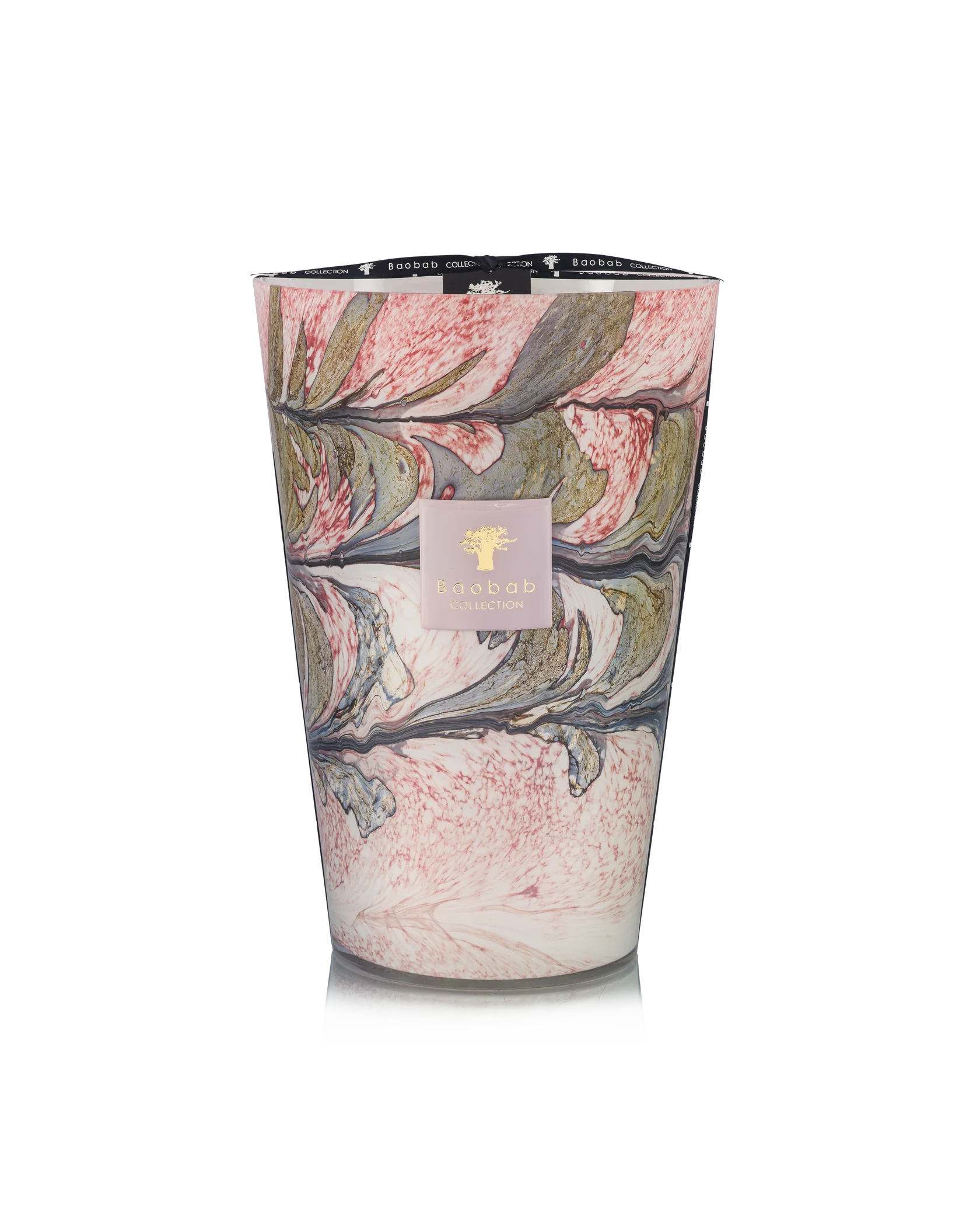 The Baobab Collection Leaves Manon Candle by Baobab is a tall, marbled candle in pink, green, and white with a gold logo label, featuring luxurious notes of blackcurrant, rose, and sandalwood.