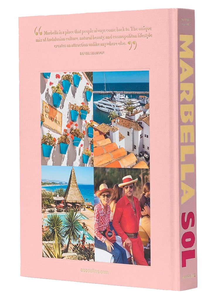 Marbella Sol" by Assouline reveals Marbella's charm through stunning images of its lively marina, colorful potted plants, a thatched roof structure surrounded by palm trees, and people in vibrant attire, showcasing the allure of the European Miami.