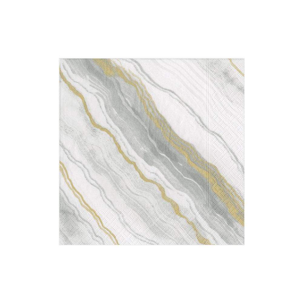 The Caspari Marble Grey Collection features square, eco-friendly triple-ply napkins with a white background and gray and gold marble diagonal streaks for durability and style.