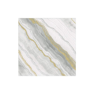 The Caspari Marble Grey Collection features square, eco-friendly triple-ply napkins with a white background and gray and gold marble diagonal streaks for durability and style.