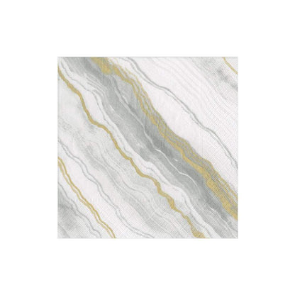 The Caspari Marble Grey Collection features square, eco-friendly triple-ply napkins with a white background and gray and gold marble diagonal streaks for durability and style.