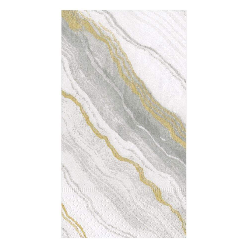 The Caspari Marble Grey Collection features a rectangular, triple-ply napkin with a white, gray, and gold marbled design—stylish and durable for any occasion.