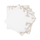 The Marcella Napkin Set by Matouk features three white cloth napkins with scalloped edges and beige embroidered leaf patterns, neatly stacked on a white background.