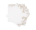 The Marcella Napkin Set by Matouk features three white cloth napkins with scalloped edges and beige embroidered leaf patterns, neatly stacked on a white background.