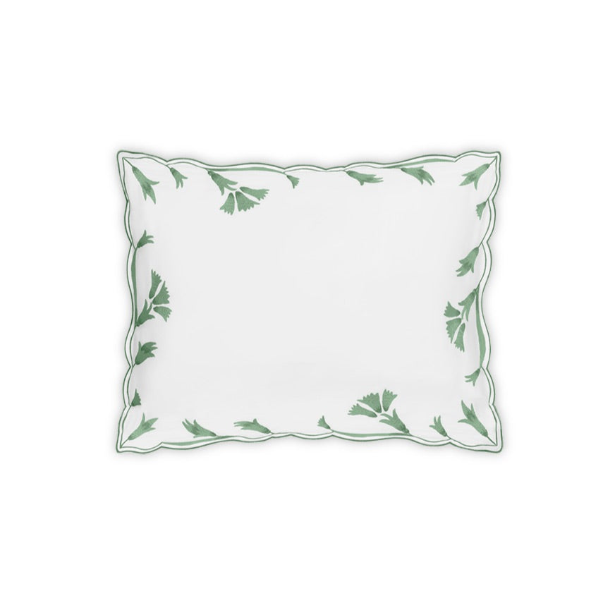 Experience the Marcella Bedding Collection by Matouk—this white rectangular pillowcase features scalloped edges and a delicate green leafy border, all crafted from luxurious Nocturne sateen for an exceptionally silky-smooth finish. As part of our embroidered collection, this elegant piece highlights exquisite scalloped florals set against a crisp white background.