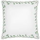 White rectangular placemat from the Marcella Bedding Collection by Matouk, with scalloped edges and a green leaf border finished with a fine green outline—evoking the delicate scalloped florals typical of embroidered bedding.