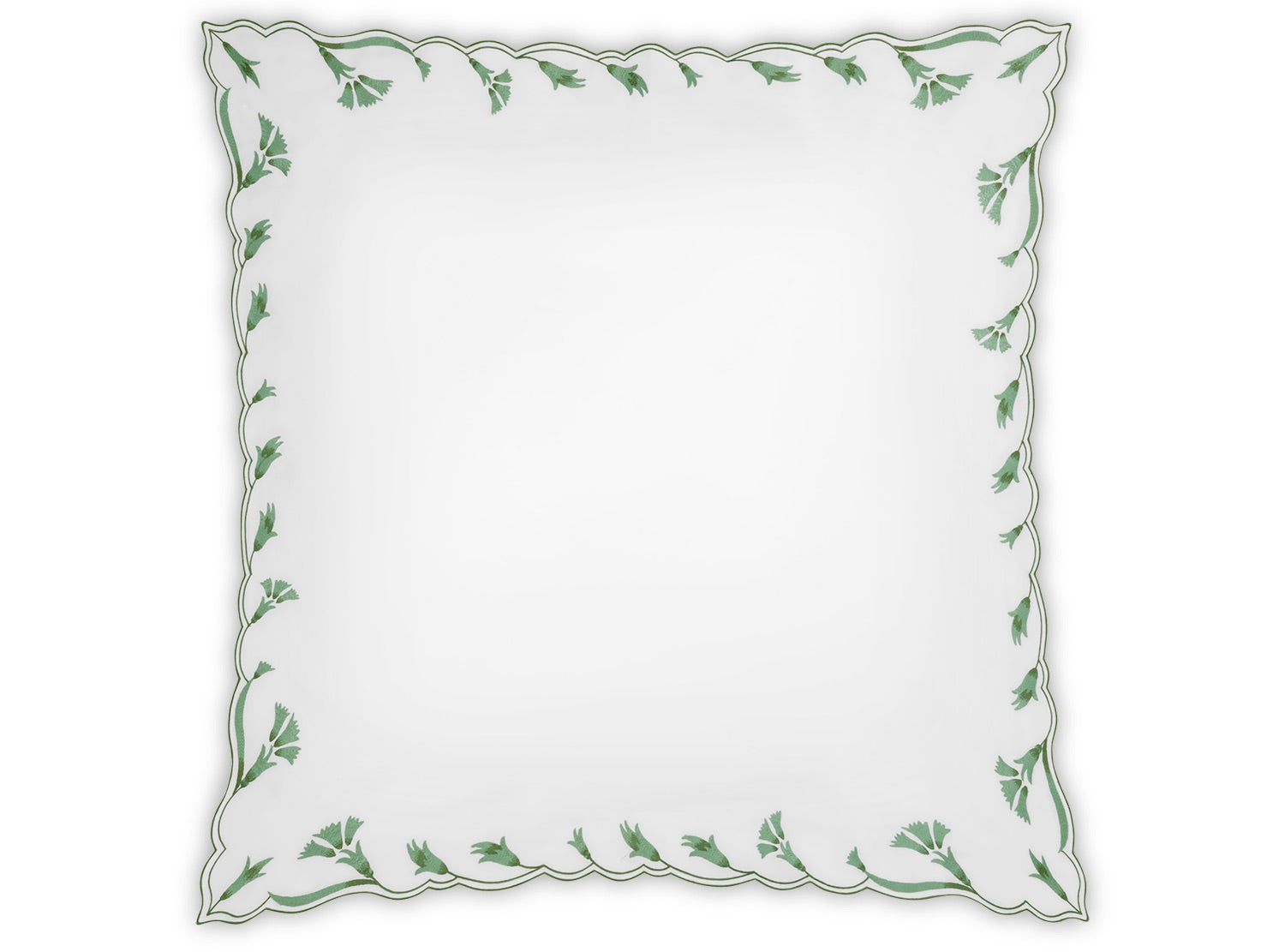 White rectangular placemat from the Marcella Bedding Collection by Matouk, with scalloped edges and a green leaf border finished with a fine green outline—evoking the delicate scalloped florals typical of embroidered bedding.