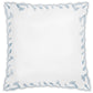 A white napkin from the Matouk Marcella Bedding Collection, featuring scalloped edges and an embroidered blue leaf border, is shown from above against a plain background.