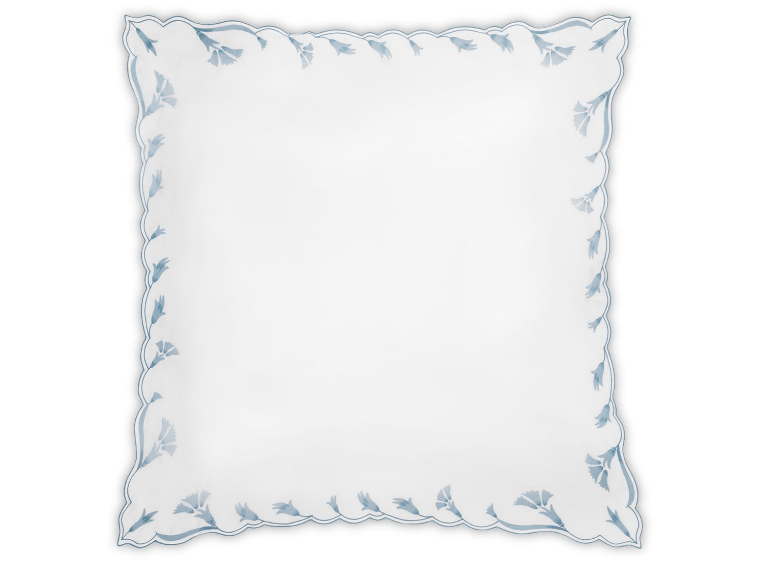 A white napkin from the Matouk Marcella Bedding Collection, featuring scalloped edges and an embroidered blue leaf border, is shown from above against a plain background.