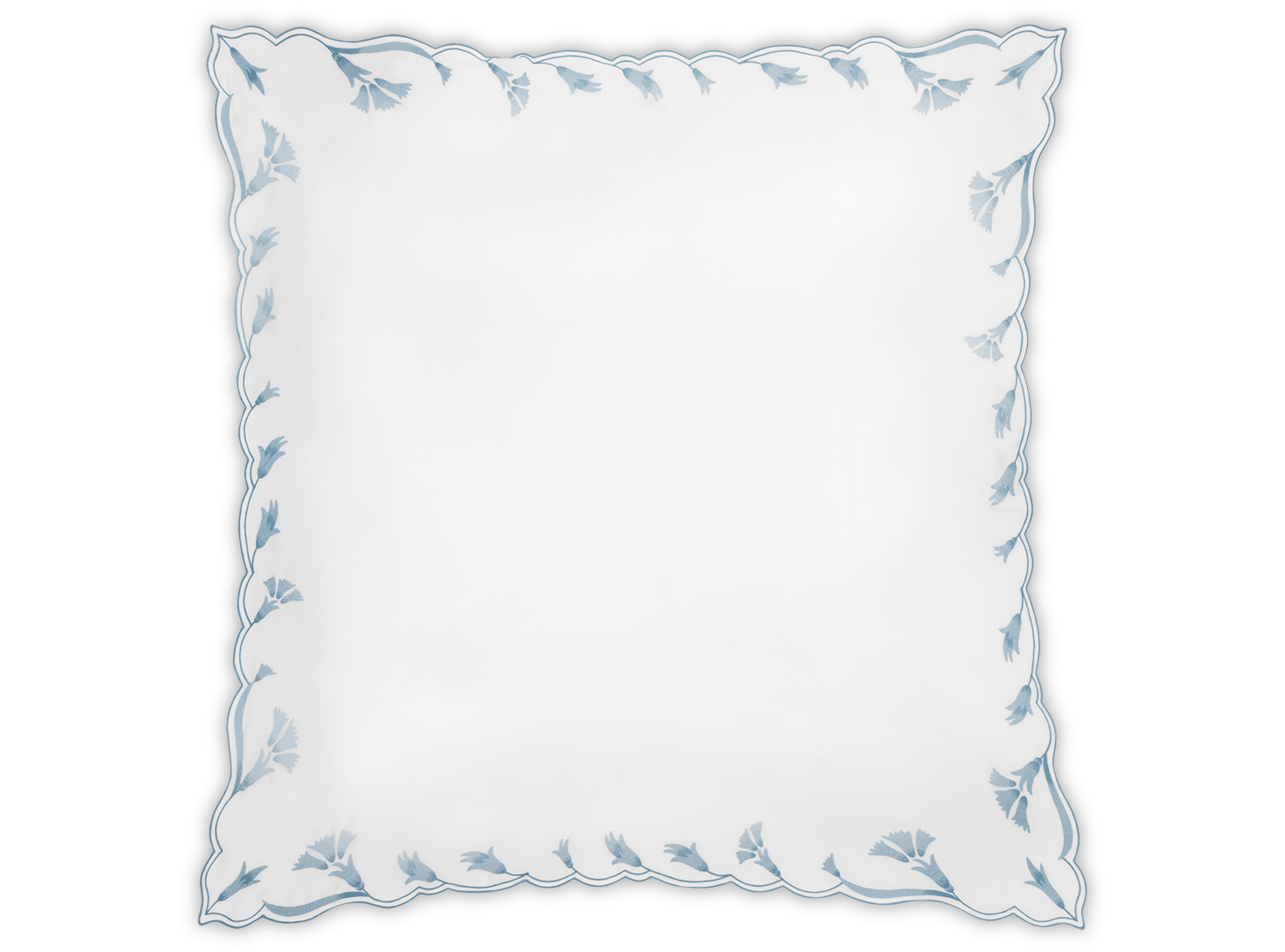 White rectangular fabric with scalloped edges, featuring a border of small blue leaf designs from the Matouk Marcella Bedding Collection in Hazy Blue.