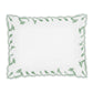 The Marcella Bedding Collection by Matouk features a square white cloth napkin with a green leaf pattern and scalloped floral edges, displayed flat on a white background—an elegant accent evocative of embroidered bedding.