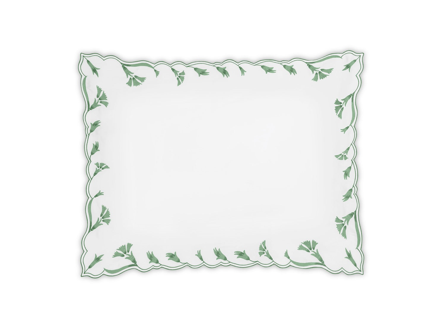 The Marcella Bedding Collection by Matouk features a square white cloth napkin with a green leaf pattern and scalloped floral edges, displayed flat on a white background—an elegant accent evocative of embroidered bedding.