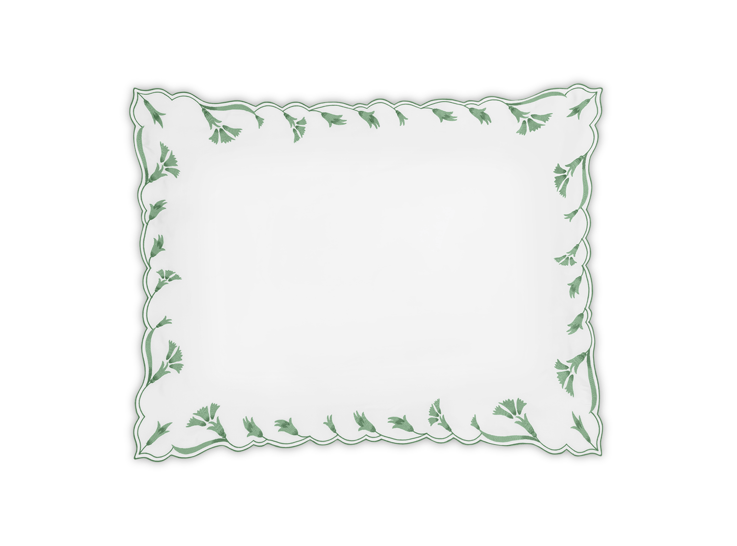 A white rectangular napkin with scalloped edges and a green leaf border, inspired by the Marcella Bedding Collection, Clover from Matouk.