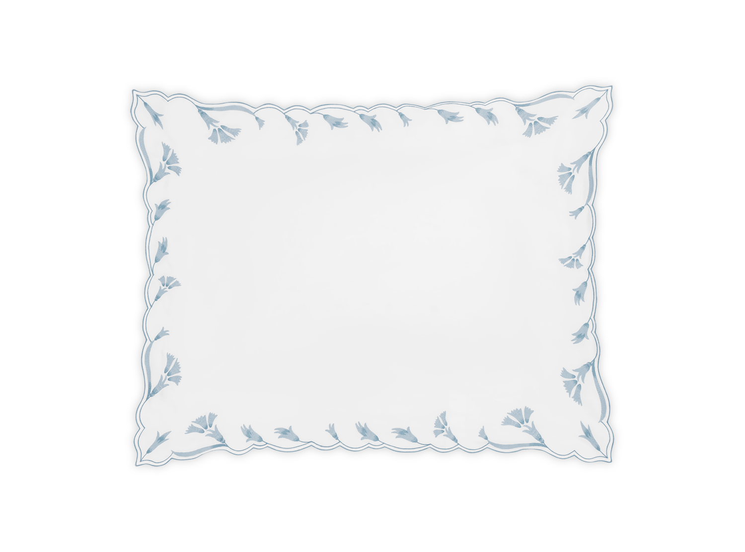 The Marcella Bedding Collection by Matouk in Hazy Blue features a rectangular white placemat with scalloped edges and a blue floral border, inspired by classic scalloped florals.