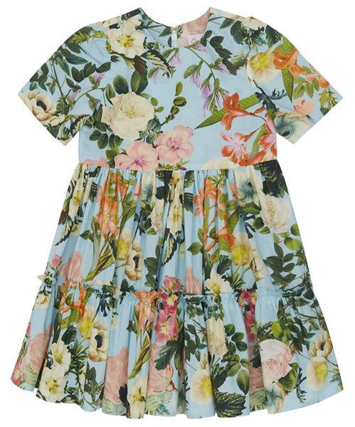 Cara Cara Girls' Margaux Dress with short sleeves and tiered skirt, featuring a Kingston floral print of various flowers on a light blue background.