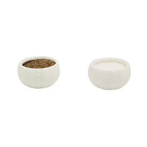 The Marina White Pinch Bowl Set by Blue Pheasant features two sea urchin-inspired textured white porcelain bowls, perfect for holding salt and pepper, displayed side by side on a white surface.