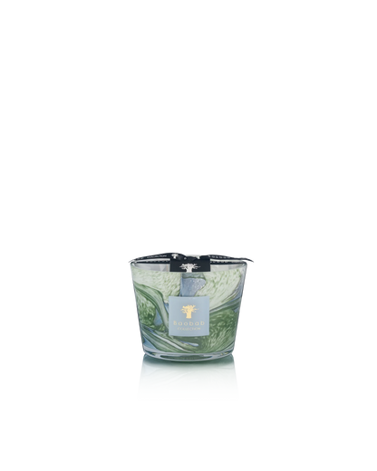 The Baobab Collection Leaves Marius Candle by Baobab features a green and white patterned hand-blown glass with a black ribbon, displayed on a white background—capturing the essence of Provence.
