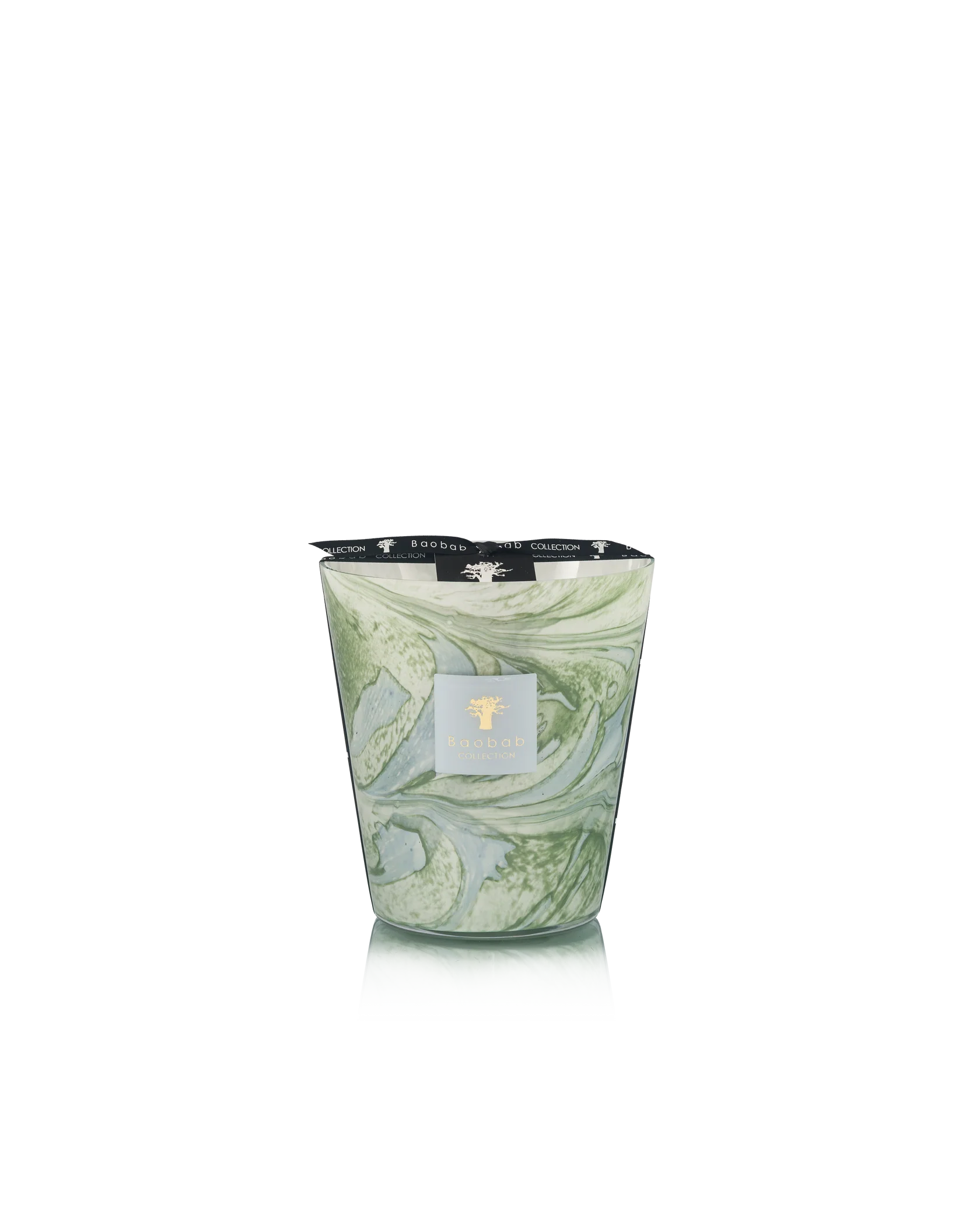 The Baobab Collection Leaves Marius Candle by Baobab features a green marbled design with a gold label in hand-blown glass, displayed against a plain white background.