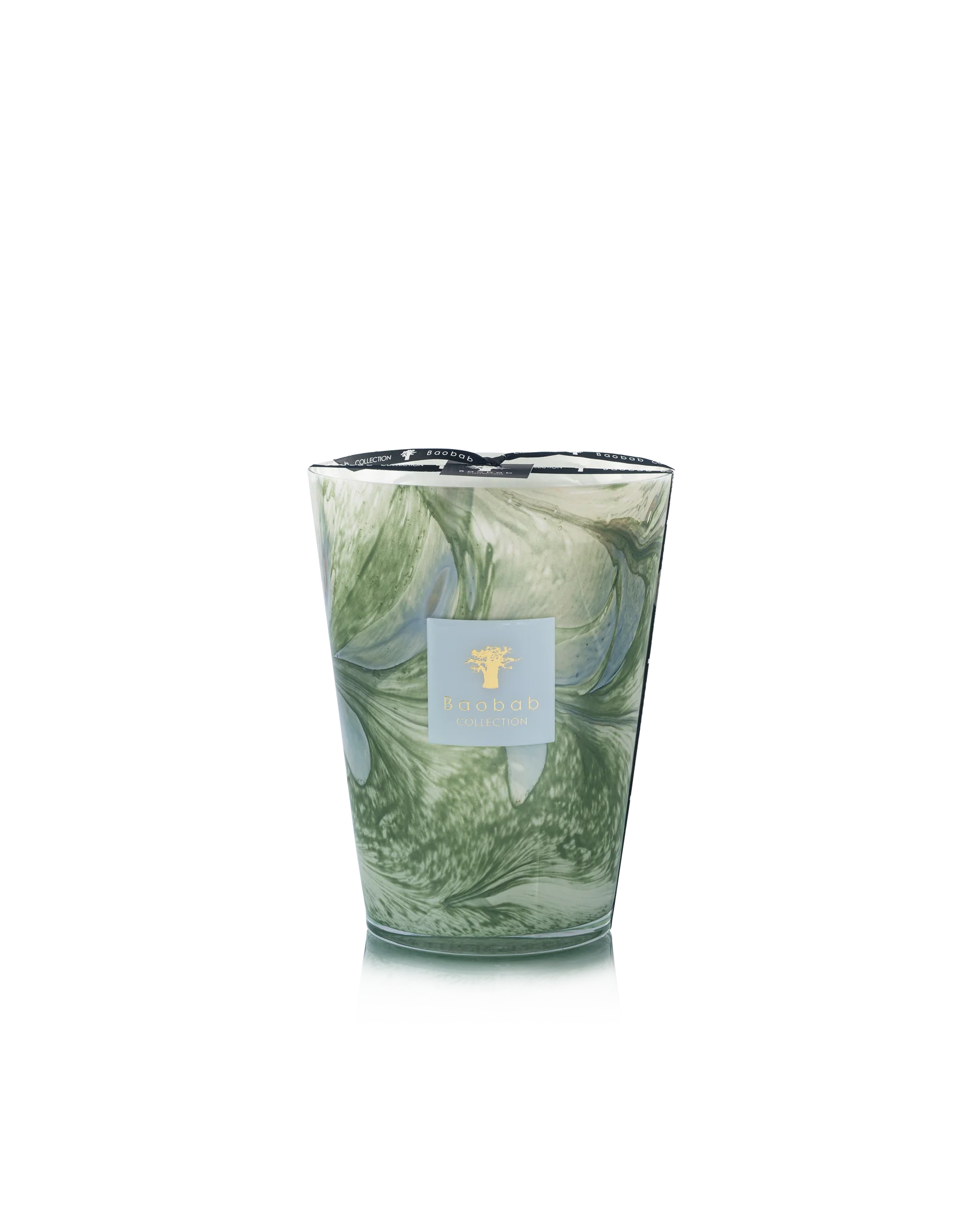 The Baobab Collection Leaves Marius Candle by Baobab features green and white marbled hand-blown glass with a branded label, displayed against a plain white background.