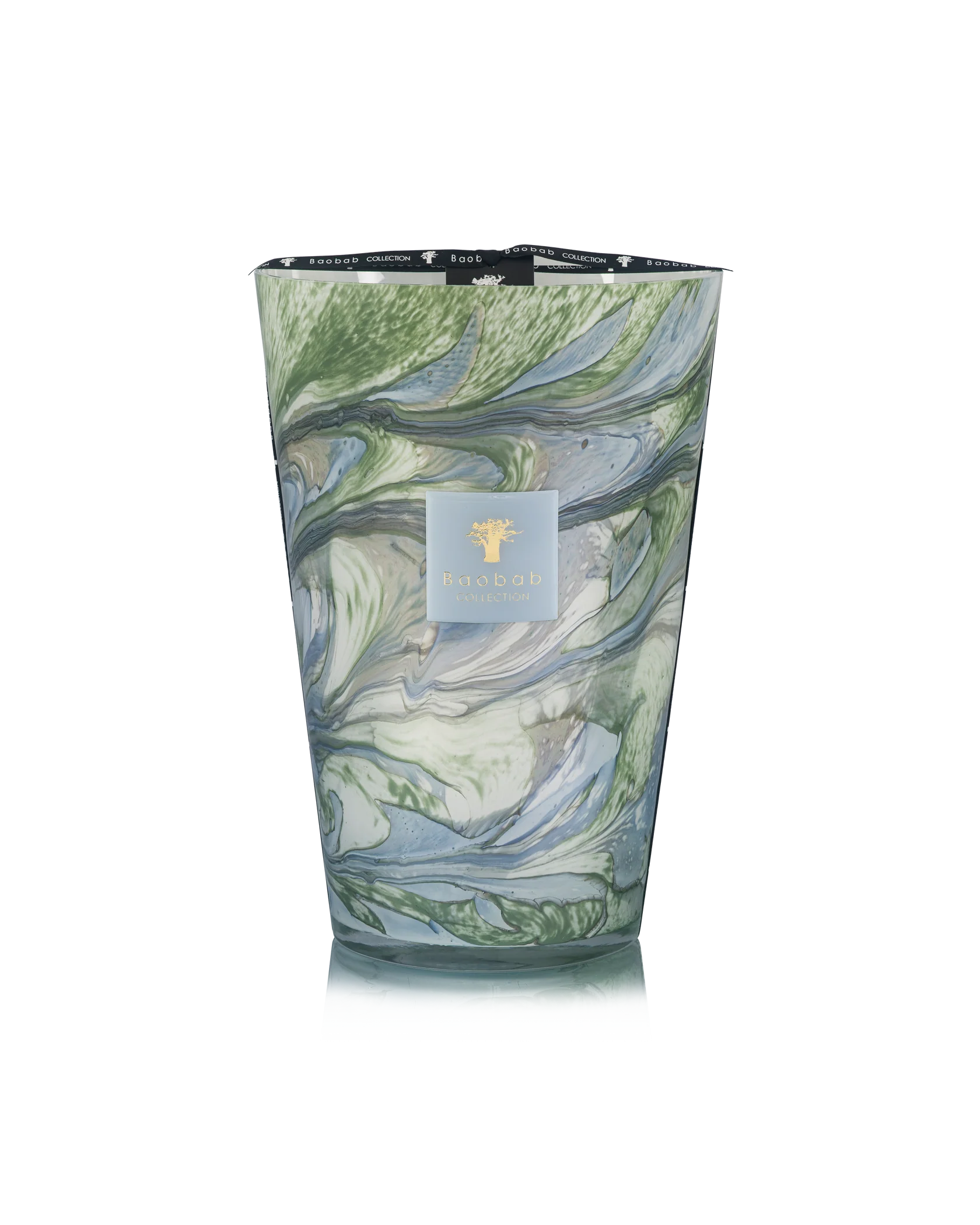 The Baobab Collection Leaves Marius Candle features a tall, hand-blown marbled green, blue, and white glass container with the Baobab label, embodying the serene essence of Provence.