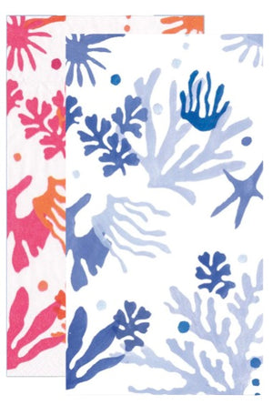 Two eco-friendly napkins from Caspari's Matisse Collection: one with blue and purple coral and seaweed, the other with pink and orange, both made of biodegradable triple-ply tissue.