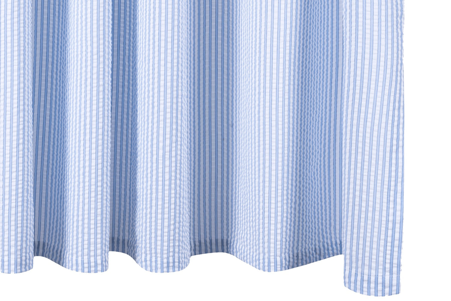 The Matteo Shower Curtain Collection by Matouk features light blue and white vertical stripes with a wavy lower edge, inspired by menswear style.