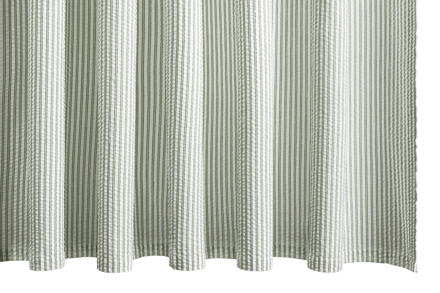 The Matouk Matteo Shower Curtain Collection features a white and light gray seersucker design with vertical stripes and a waffle-like texture inspired by classic menswear style.