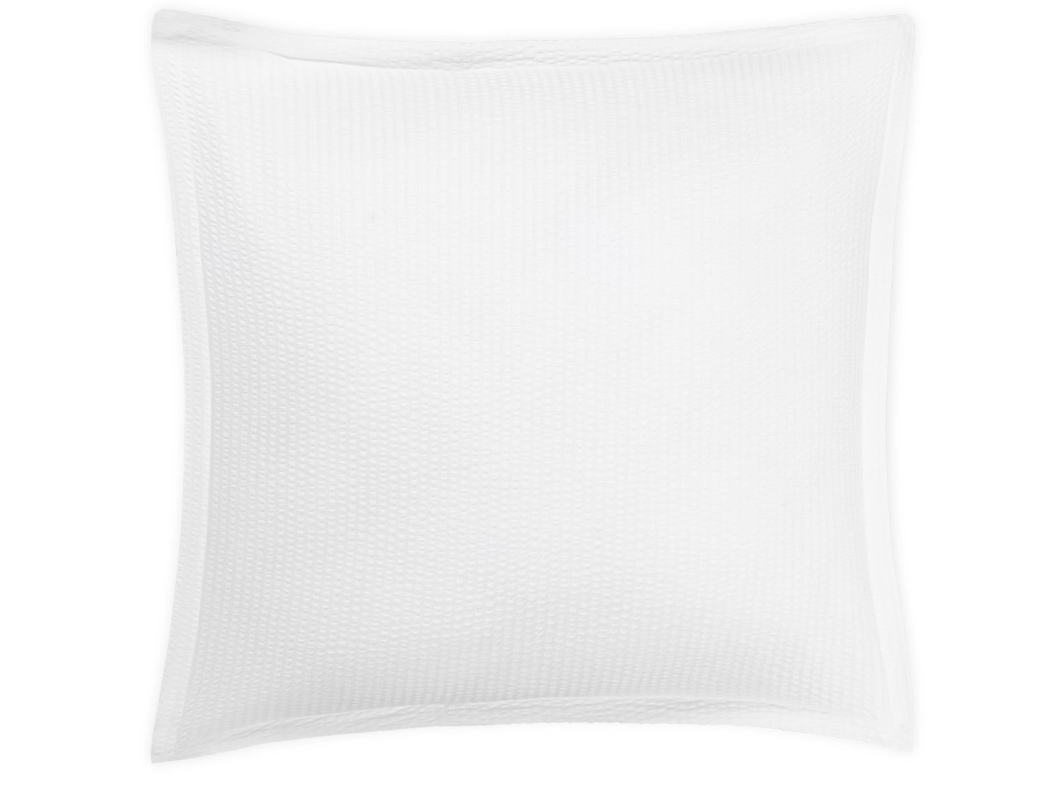 A square white pillow from the Matouk Matteo Bedding Collection features a textured surface reminiscent of seersucker bedding and is displayed against a plain white background.