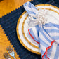 A white plate rests on a navy placemat. The Amalfi Napkin Set by Kim Seybert, with blue and white stripes and red trim, is held by a coral-shaped napkin ring. Two forks beside the setting evoke a Mediterranean lifestyle.