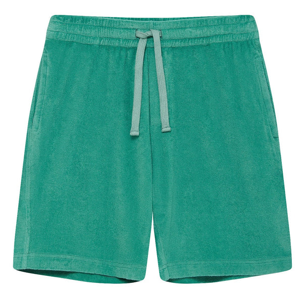 Teal Love Brand & Co. Holmes Terry shorts with elastic waistband, displayed on a white background.