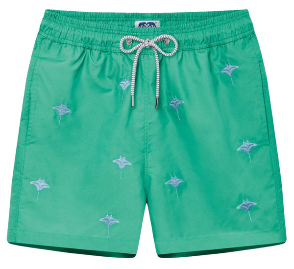 Love Brand Manta Embroidered Staniel Swim Shorts with silver starfish patterns and a white and gray drawstring, crafted from Recycled Polyester.