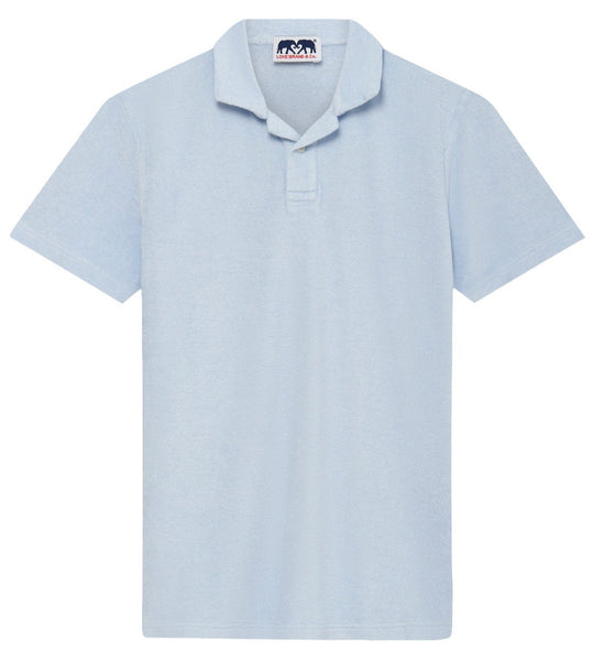 Love Brand light blue breathable moisture-wicking Powell Terry polo shirt on a plain background.