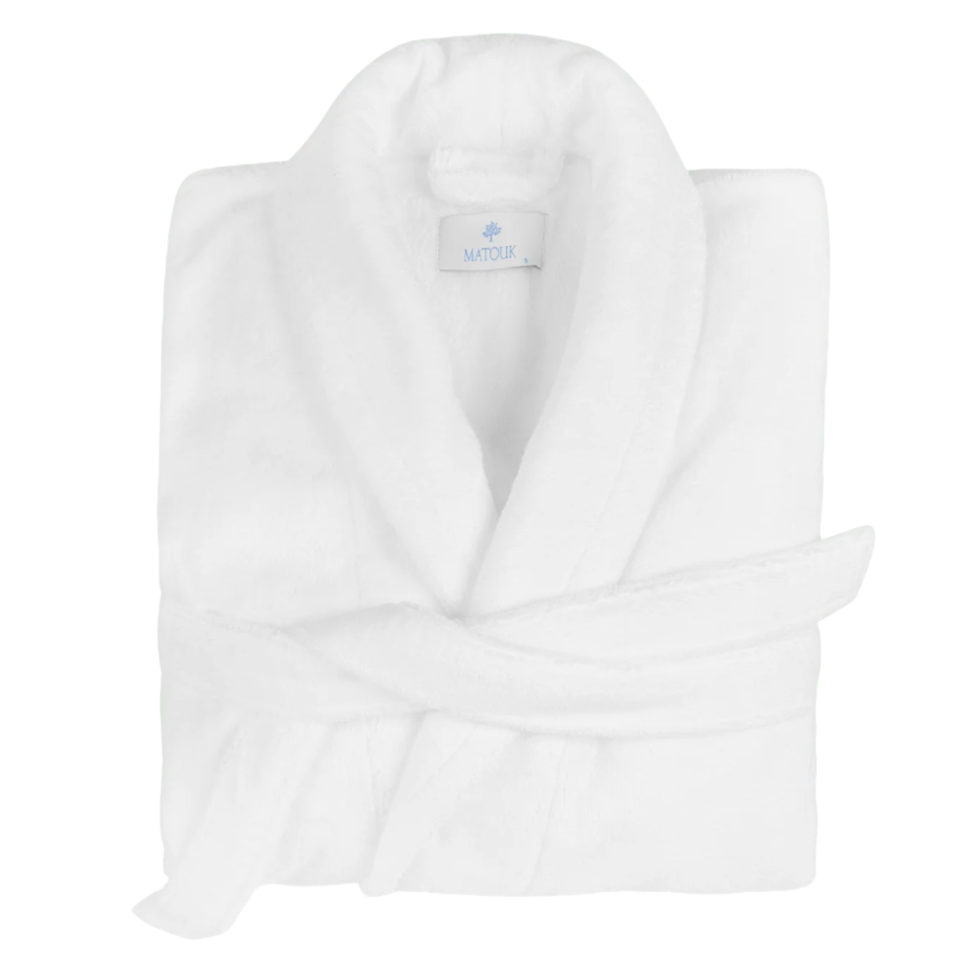 The White Milagro Robe by Matouk is neatly folded with a waist belt, features a branded collar label, and is OEKO-TEX certified for peace of mind.