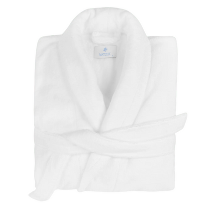 The White Milagro Robe by Matouk is neatly folded with a waist belt, features a branded collar label, and is OEKO-TEX certified for peace of mind.