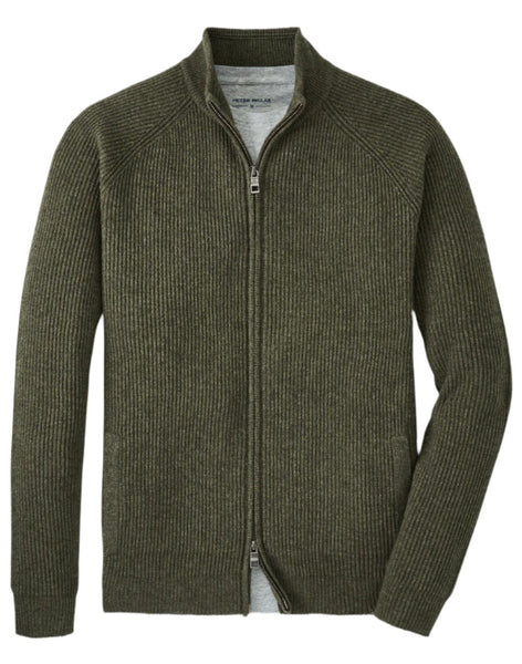 The Peter Millar Crescent Full Zip Sweater is an olive green ribbed-knit zip-up with a high collar and two pockets, crafted from luxurious wool yak cashmere.