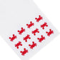 Haute Home’s Mini Crab Bath Collection features white Italian linen fabric adorned with rows of small red embroidered crabs along one edge.