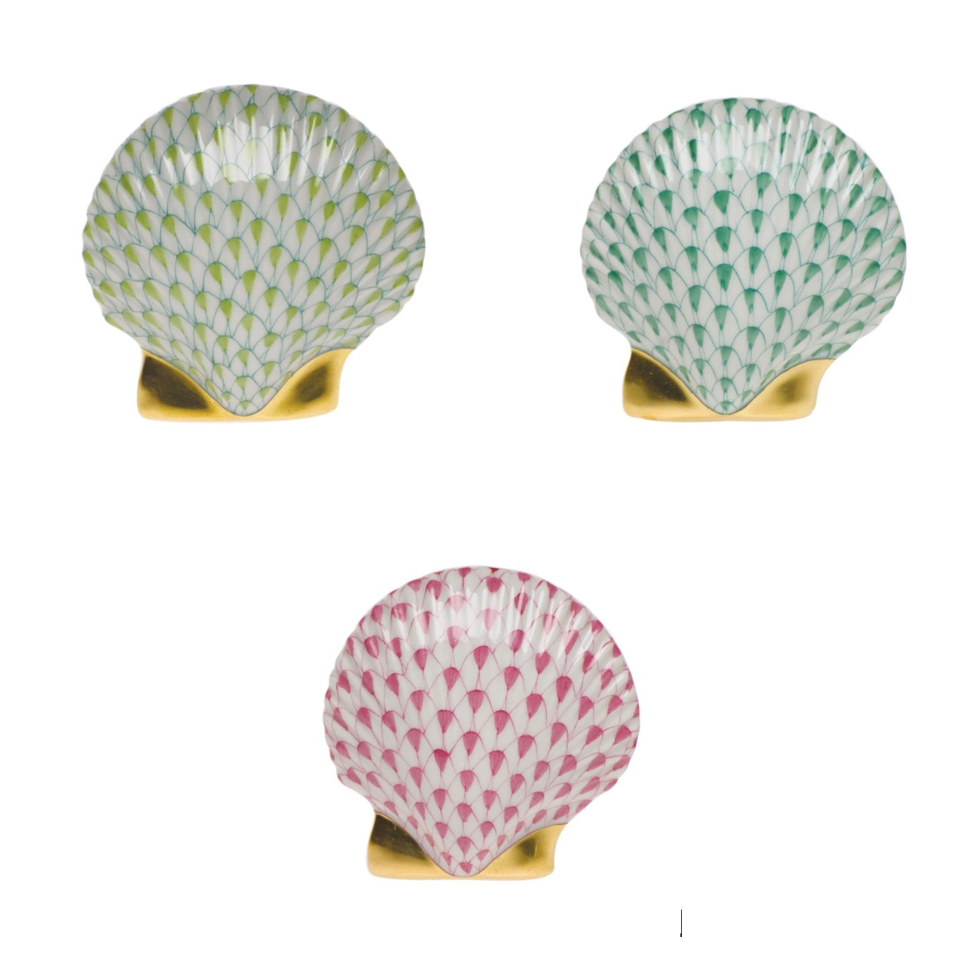 Three Herend Miniature Scallop Shells, each hand-painted with patterned green, teal, and pink surfaces and gold bases, are arranged in a triangular formation on a white background.
